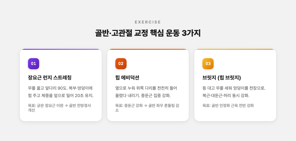 골반·고관절 교정 핵심 운동 3가지 카드