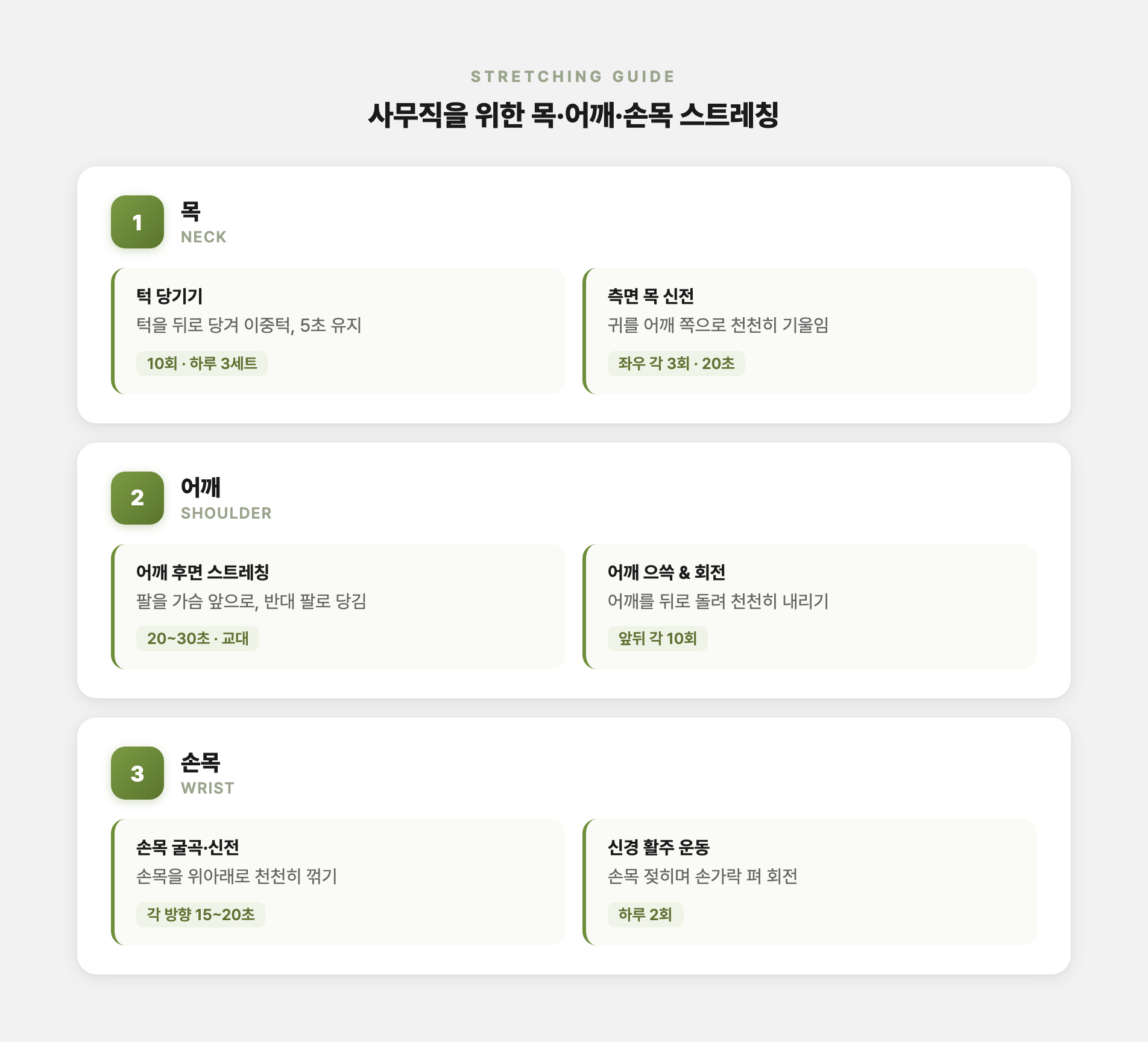 사무직을 위한 목·어깨·손목 스트레칭 동작 안내 이미지