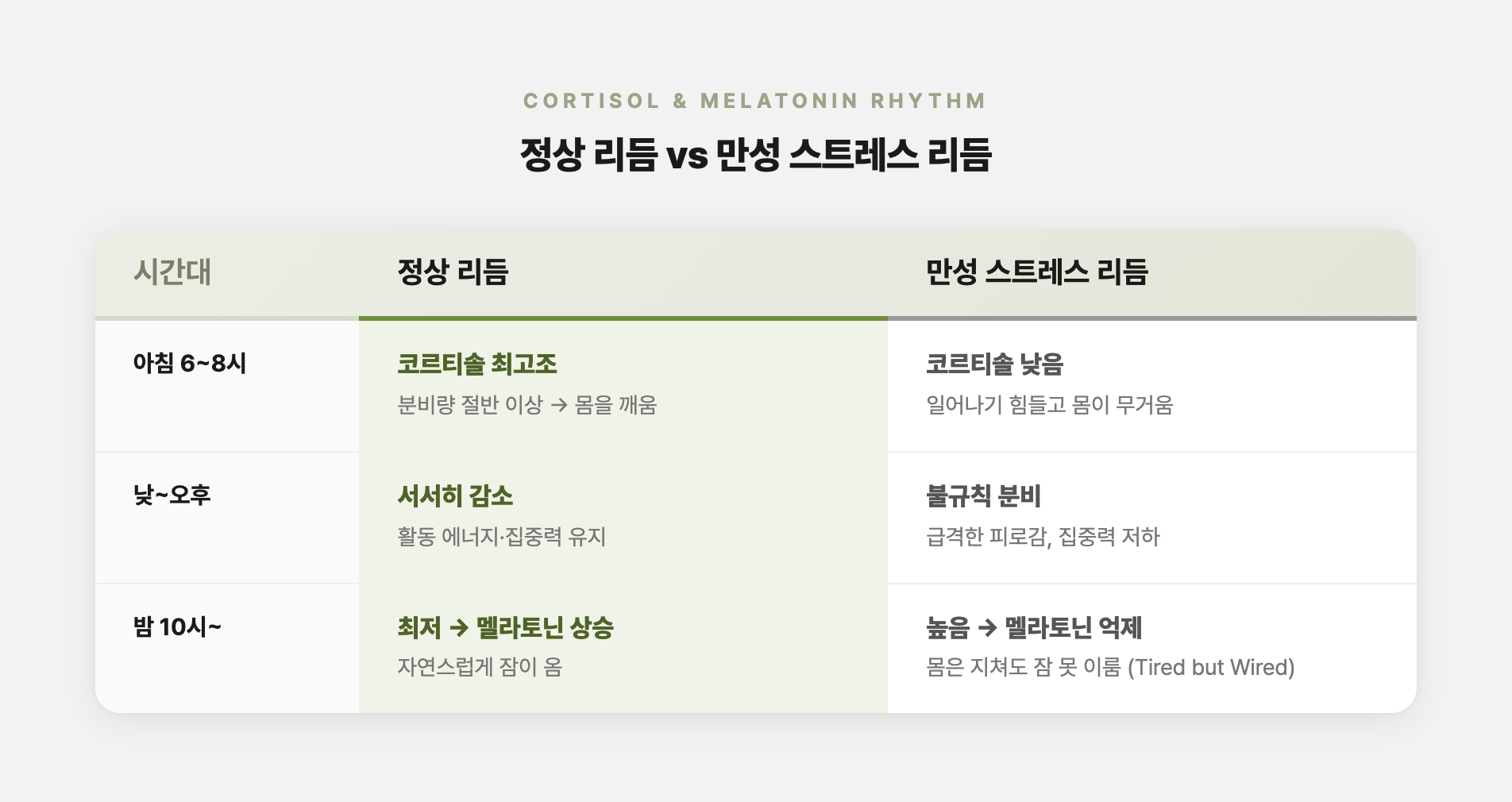 코르티솔과 멜라토닌의 정상·스트레스 리듬