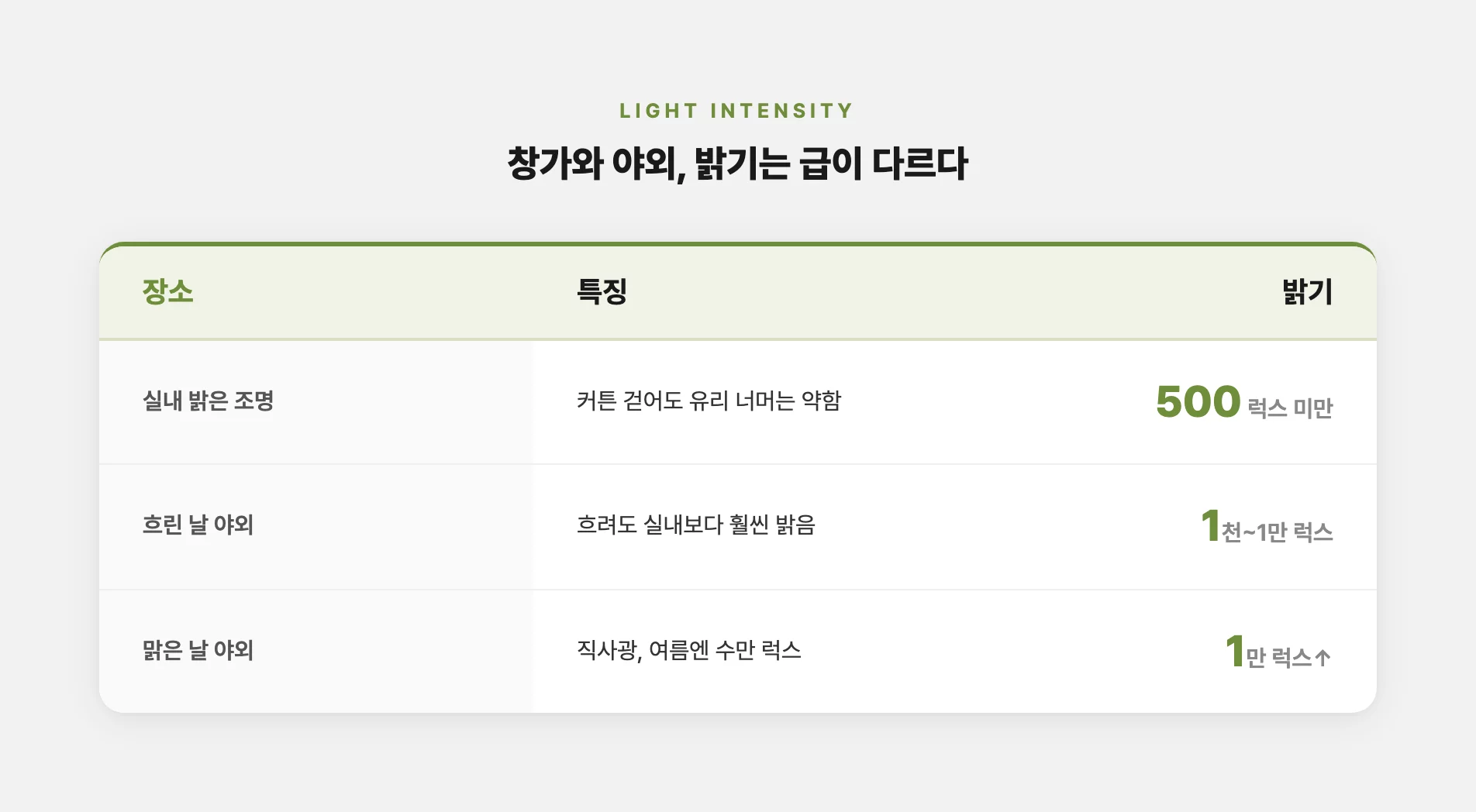 실내와 야외 아침 빛 밝기 차이